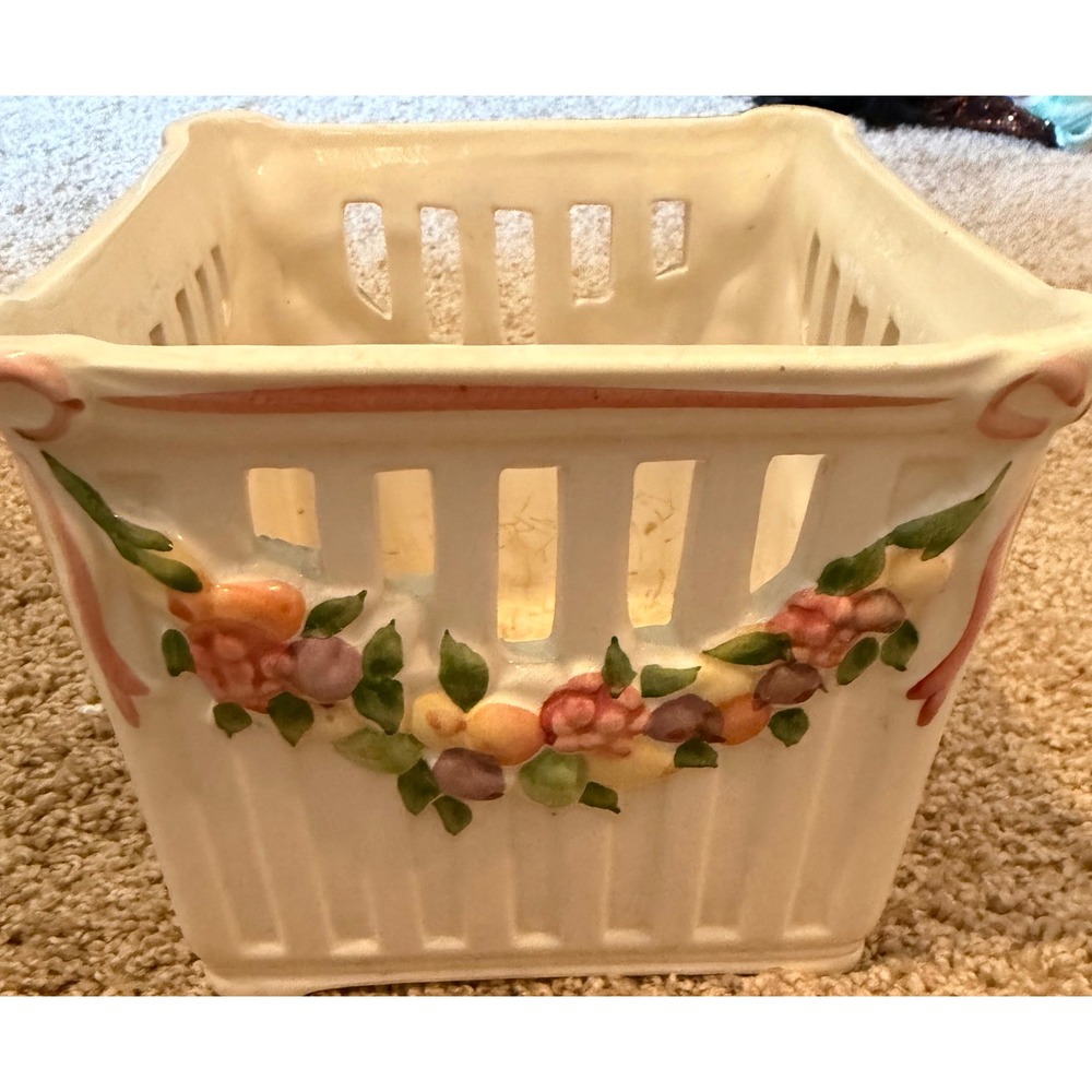 Neuwirth Vintage Ceramic Square Basket Planter Floral Fruit Portugal Cream 5.5in